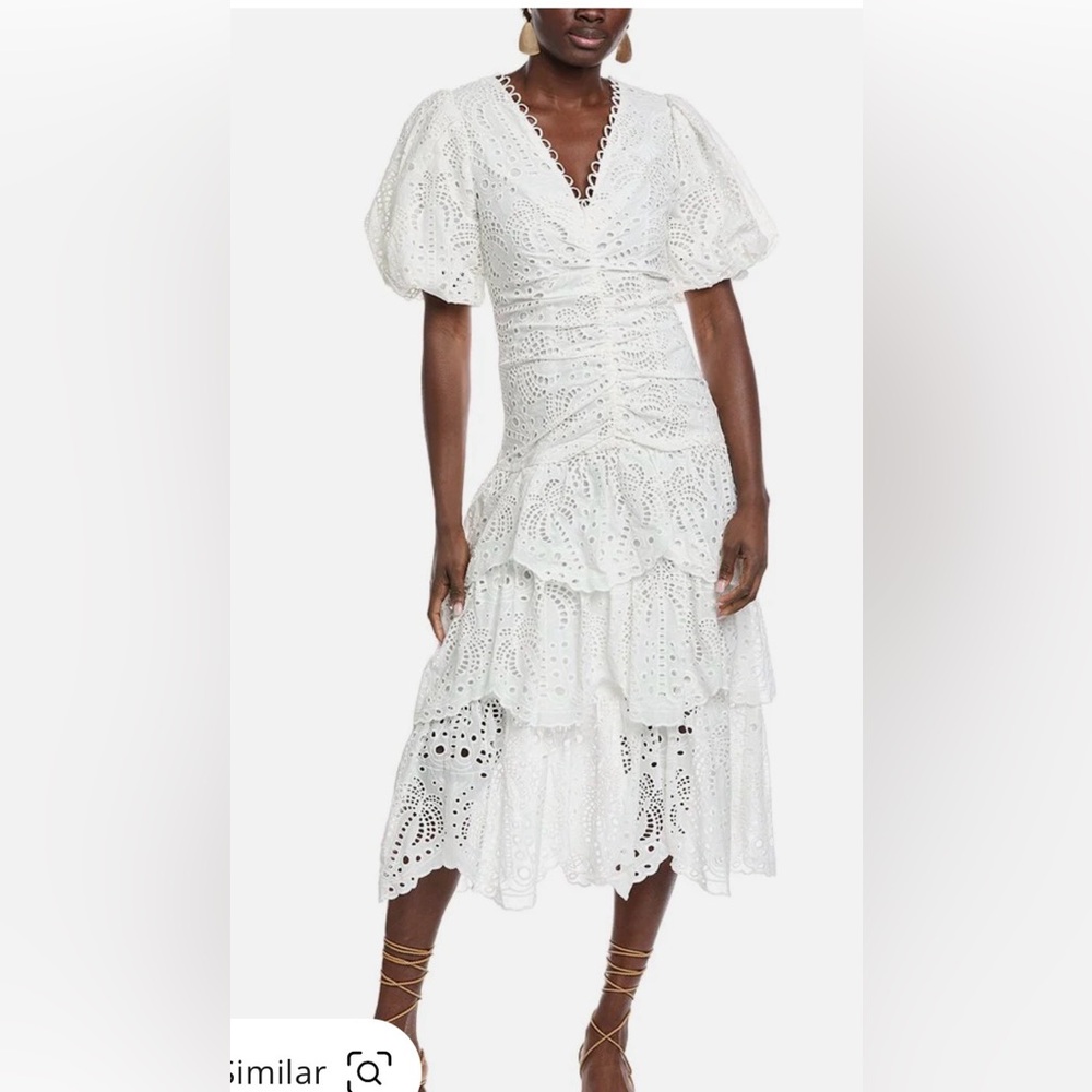 NEW FARM Rio White Eyelet Tiered Puff Sleeve Midi Dress‎ Size XS - Picture 8 of 17